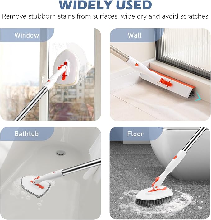 SetSail 4-in-1 Tile Tub Floor Scrubber with V-Shaped Grout Brush, Orange | with 3 Detachable Replacement Brush Head, Multi-Angle Cleaning Locks at 45°, 90°, 180° for Bathroom Kitchen Walls Tub Tile