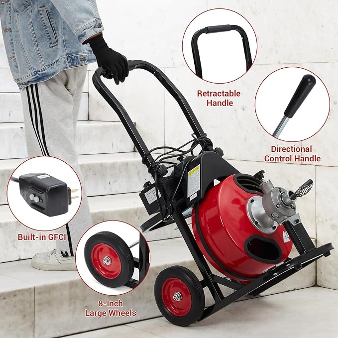 Auto Feed 75 FT x 3/8 in Drain Cleaner Machine with 200W Motor, Portable Sewer & Plumbing Snake Machine with Air-Activated Foot Switch & 8 Cutters, Drain Cleaner Auger for 1"–4" Pipes