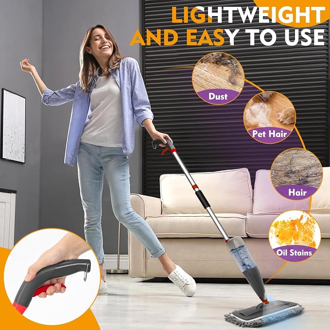 Spray Mop for Hardwood Tile Floor Cleaning with Microfiber Washable Pads | Dry Wet Mops with Sprayer | 800 ml Refillable Bottle | 3 Reusable Mop Pads | Dust Mops for Wood Laminate Vinyl Home Cleaning