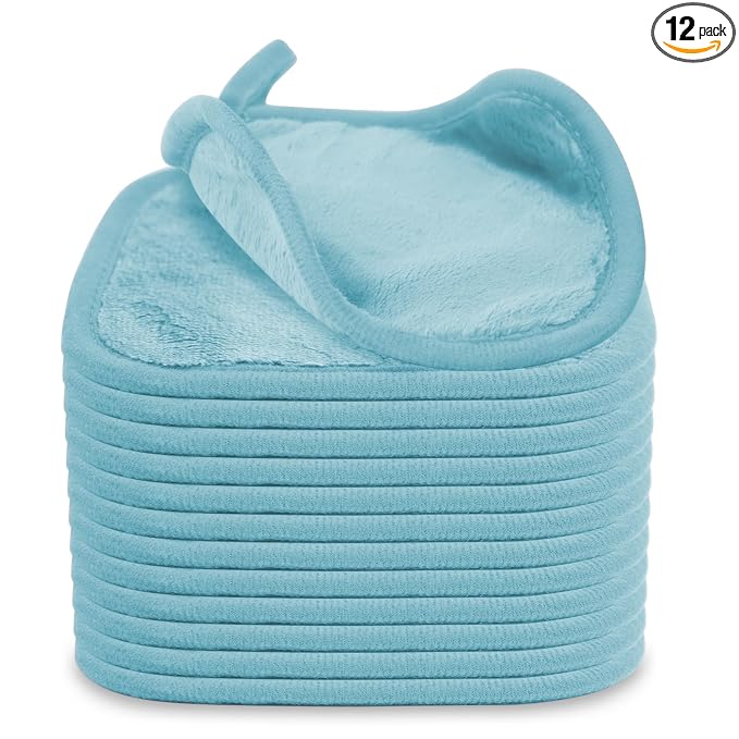 Puomue Makeup Remover Cloth 12 Pack, Ultra Soft and Reusable Microfiber Makeup Remover Towels for All Skin Types, Perfect Face Towels for Women, 6 Inch X 6 Inch, Blue