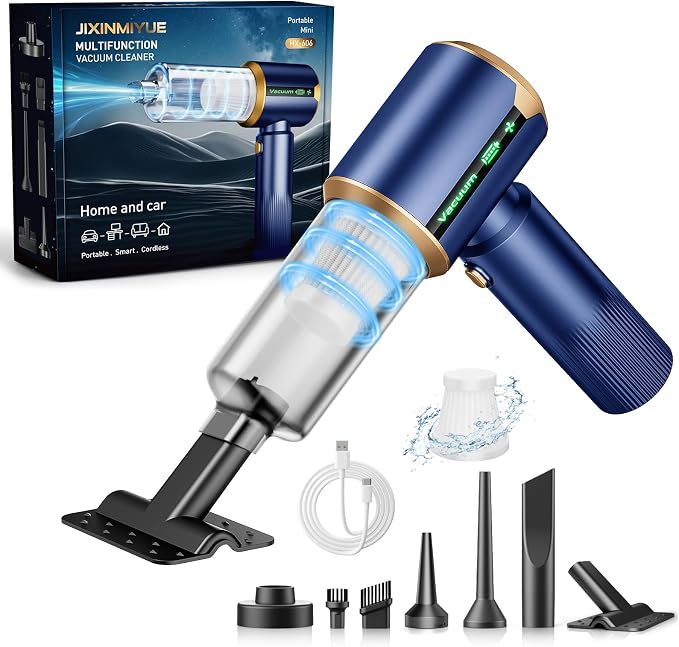 Cordless Car Vacuum Cleaner: 7-in-1 & 16000Pa Suction - Navy Blue | Handheld Vacuum Cleaner with Brushless Motor - LED Battery Display & Type-C Charging - For Car, Home, Pet Hair