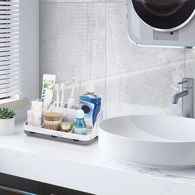 GFWARE Marble Bathroom Countertop Organizer - Detachable 7 Slots Kids Electric Toothbrush and Toothpaste Holde Drainage for Bathroom Accessories Organization Counter Vanity Storage, Grey