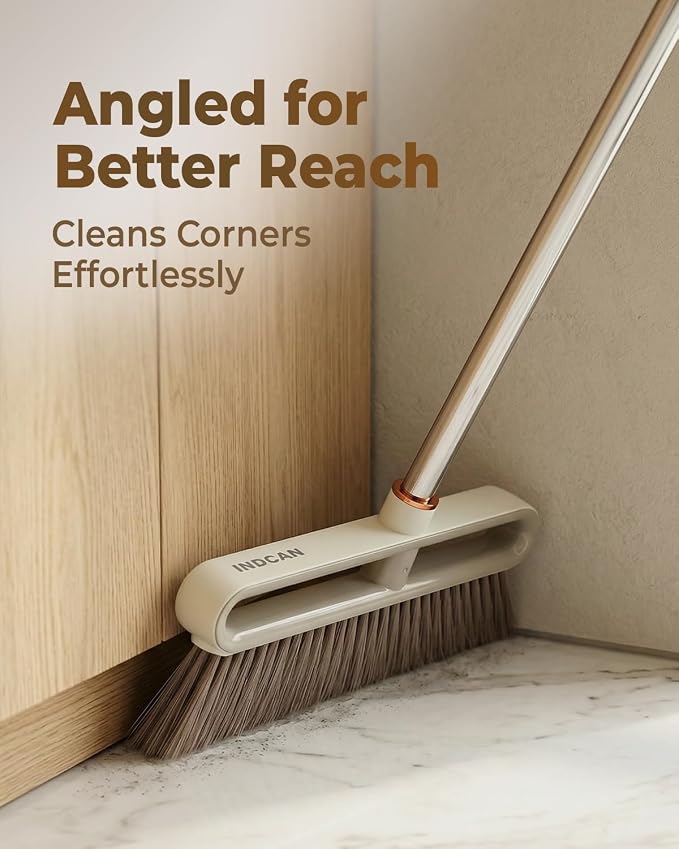 INDCAN Broom and Dustpan Set with 52" Adjustable Long Handle, Upright Standing Dustpan with Comb Teeth, Foldable Dustpan, Angled Broom Head for Corners, Indoor Floor Sweeping Set (Santra Lite)