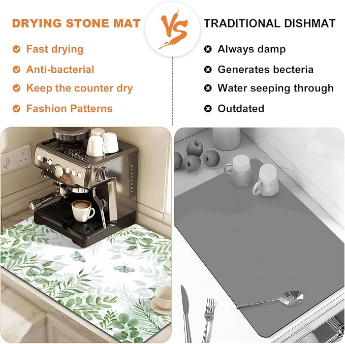 LOKHOM Dish Drying Mat for Kitchen Counter, 18"x24" Absorbent Mat with Green Plant & Butterfly Pattern, Drain Rack Mat for Counter Coffee Maker, Dining Room Decor