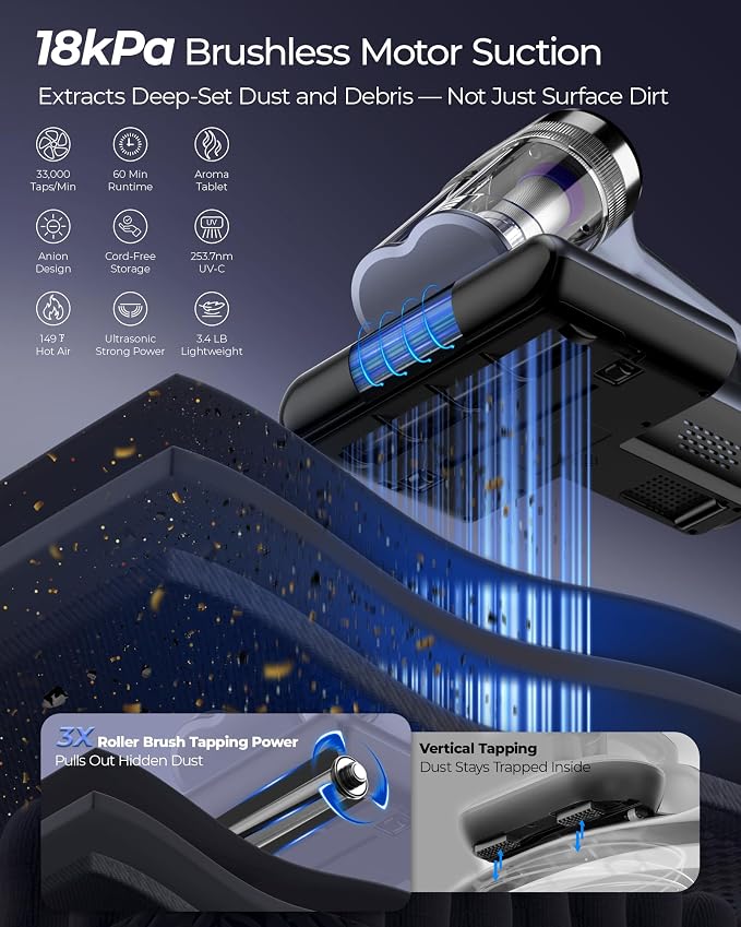 Teant Cordless Mattress Bed Vacuum, 18kPa Suction & LED Display, Model MV01 | Cordless 2-Speed Bed Vacuum, 33000RPM Roller Brush, 253.7nm UV-C, Ultrasonic, HEPA, 149°F Heat, Aroma, Anion for Bed Sofa