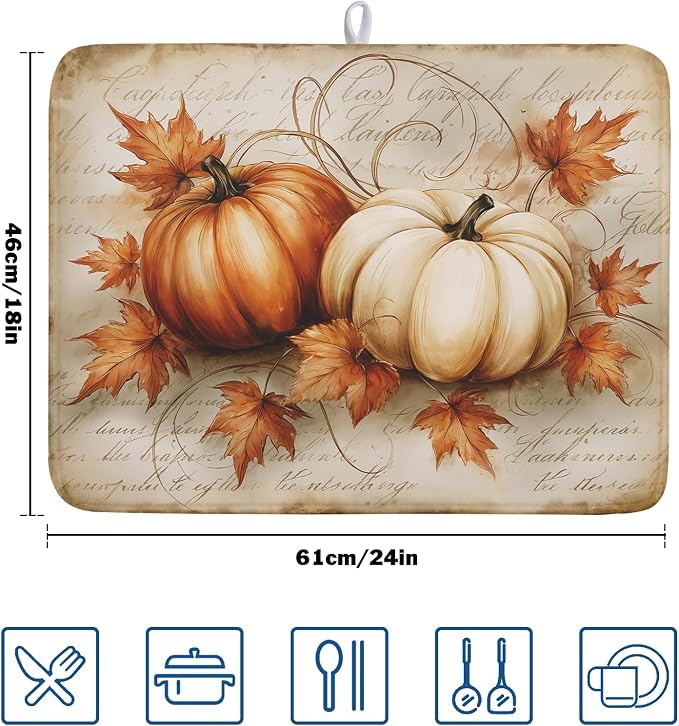 Fall Pumpkin Dish Drying Mat 18”x24”Vintage Autumn Drying Mat for Kitchen Counter Absorbent Maple Leaf Fall Thanksgiving Farmhouse Dishes Pad Drainer Mat Countertop Protector for Kitchen Fast Dry