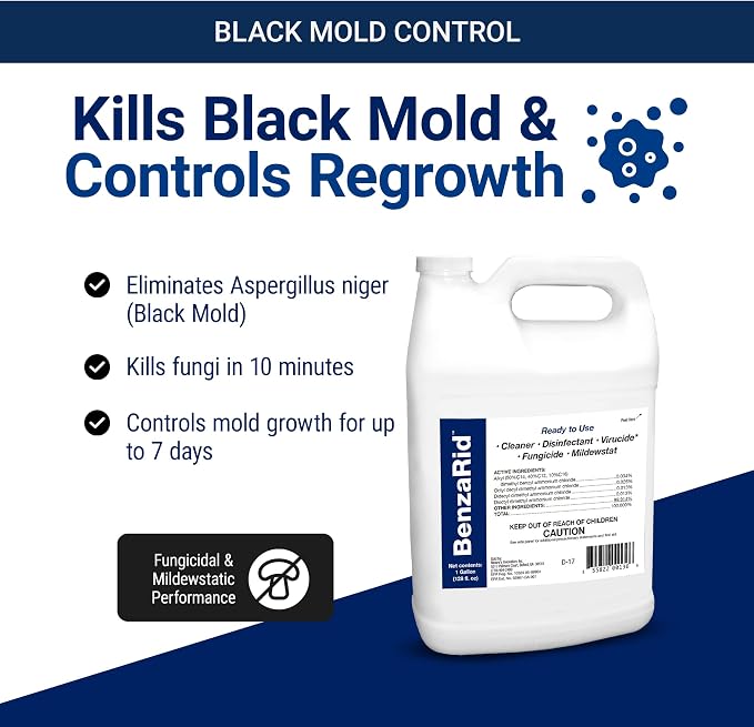 BenzaRid Pro Mold Killer Fungicide Disinfectant including Aspergillus Niger (Black Mold) H5N1 Pack | Multi-Purpose Fungicide, Mildewstat, Disinfectant, Virucide | EPA Reg. 1 Gal + 32 oz.