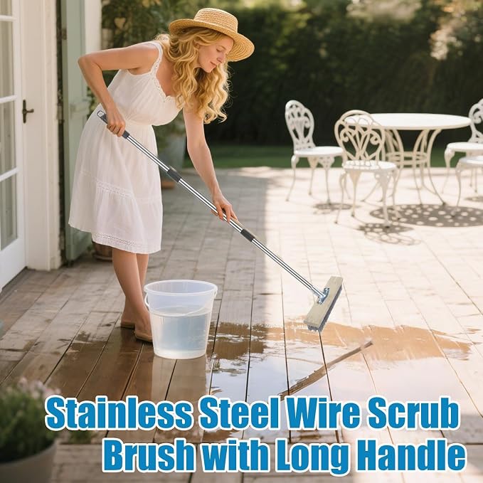Stainless Steel Wire Brush Hard Wire Bristles Long Handle Stainless Steel | Long Handled Scrub Brush Long Handle Outdoor Moss Bathroom Tub Wall Floor Deck Carpet Boat Garage Patio House Ex