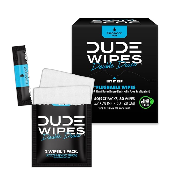 DUDE Wipes Double Deuce Unscented Travel Wipes - 2 Wipes per Pack (40 packs, 80 Count) - On-The-Go Adult Flushable Wipes for Sensitive Skin - Infused with Vitamin E and Aloe - Septic and Sewer Safe