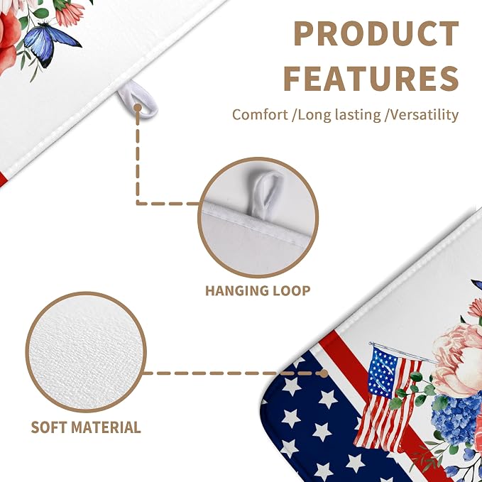 Patriotic Floral Summer Dish Drying Mats 4th of July Butterfly Flowers Dish Mat Kitchen Large Drying Matt Dishes Dryer Pad for Kitchen Counter Absorbent Microfiber Washable Foldable Reusable 18x24 in