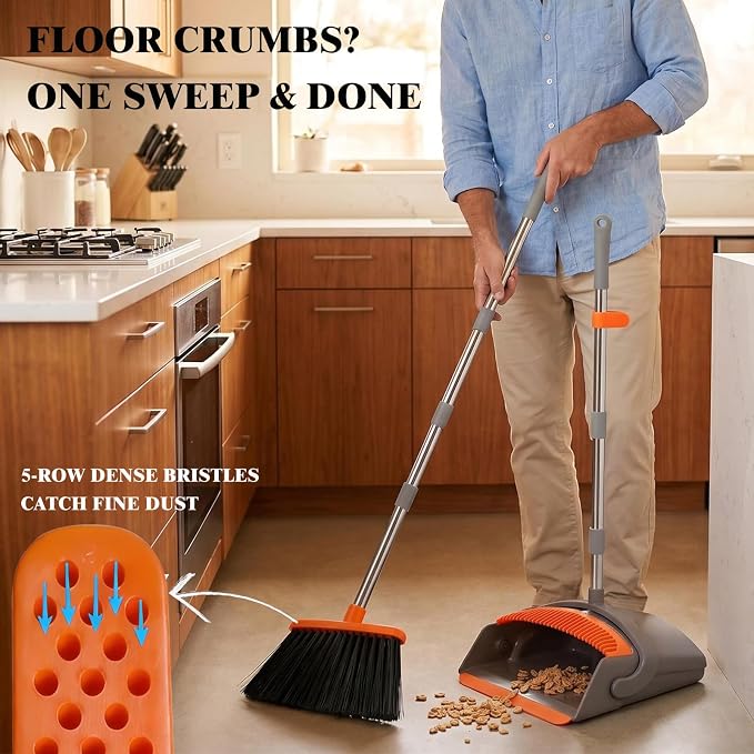 Broom with Standing Dustpan Combo Set, 52" Long Handle Self-Cleaning Teeth, 5-Row Stiff Bristles Angled Head, TPR Rubber Lip for Kitchen Pet Hair Sweeping Indoor Outdoor