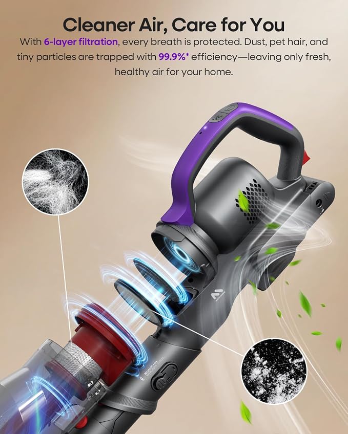 AlloyMove Cordless Vacuum Cleaner 45KPA, Up to 60mins Runtime Lightweight Powerful Suction Vacuum Cleaners for Home, 3 Suction Modes, Rechargeable Stick Vacuum for All Floor/Carpet/Pet Hair/Car, A03