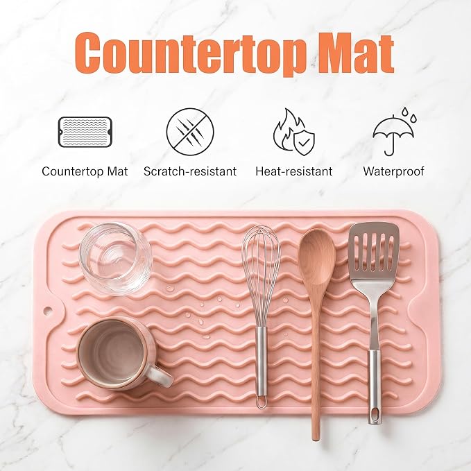 MicoYang Silicone Dish Drying Mat for Multiple Usage,Easy clean,Eco-friendly,Heat-resistant Silicone Mat for Kitchen Counter or Sink,Refrigerator or Drawer Liner Pink S 12 inches x 6 inches