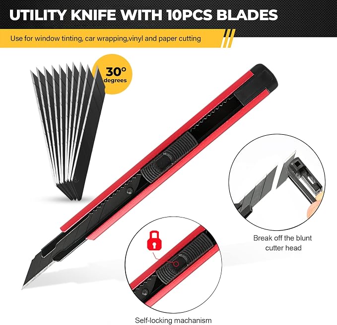 Gomake Vehicle Vinyl Wrap Window Tint Film Tool Kit Include 4 Inch Felt Squeegee, Retractable 9mm Utility Knife and Blades, Zippy Vinyl Cutter and Mini Go Corner Squeegee for Car Wrapping