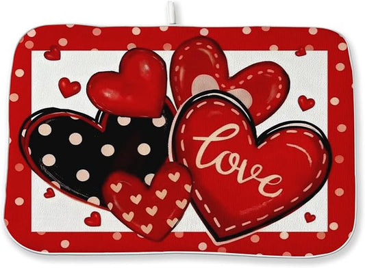 Valentines Dish Drying Mat 18x24 Inch Black Red Hearts Dish Drainer Protector Pad for Kitchen Counter Absorbent Holiday Love Drying Pad for Drainer Rack Kitchen Fast Dry