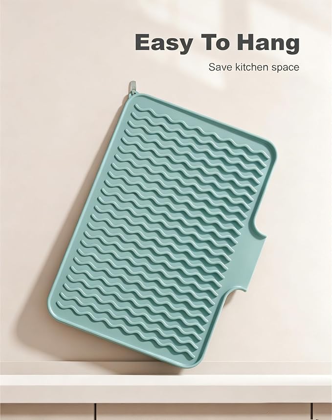 Rnivvi Silicone Dish Drying Mat for Kitchen Counter, 16 x 12" Drainer Pad with Drainage Spout, Non-Slip Countertop Protector Heat Resistant Trivet, Dish Rack Mat for for Sink Dishes, Shadow Green