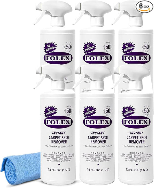 FOLEX Instant Carpet Spot Remover 32 oz – Powerful Stain Remover for Carpets, Upholstery & Rugs – Eliminates Pet Stains, Grease, Red Wine, Food, Makeup & More – With Reusable Cleaning Cloth - 6 Pack