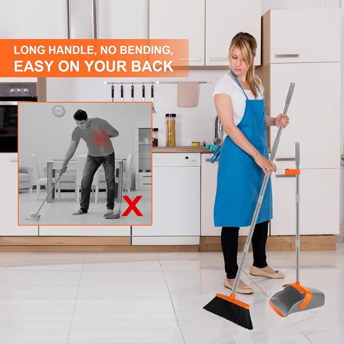 Broom and Dustpan Combo Set, 55" Long Handle Broom Orange | Large Area Outdoor Cleaning, Extended Reach Design, Built-in Comb Dustpan, Foldable Storage for Garage, Patio & Home
