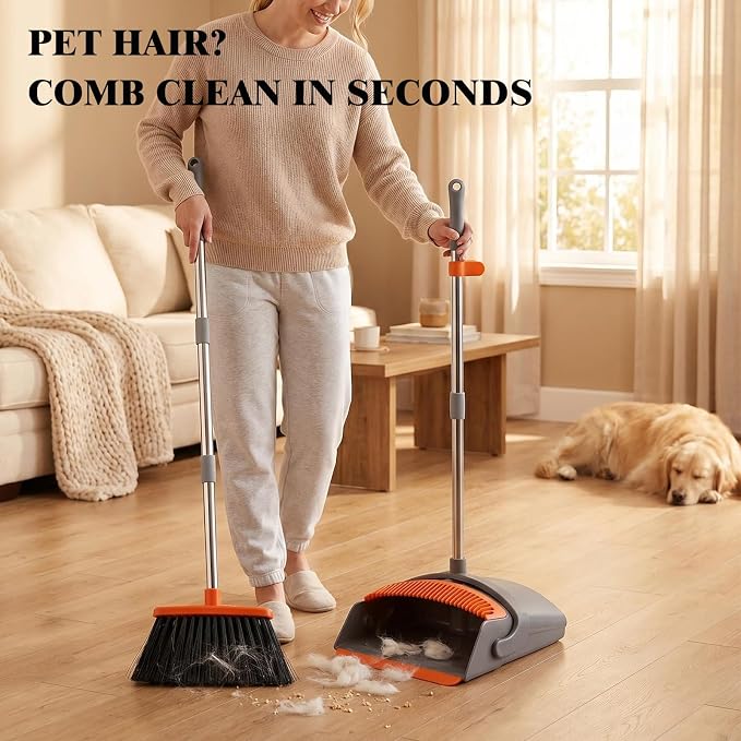 Broom with Standing Dustpan Combo Set, 52" Long Handle Self-Cleaning Teeth, 5-Row Stiff Bristles Angled Head, TPR Rubber Lip for Kitchen Pet Hair Sweeping Indoor Outdoor