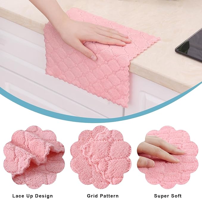 Homaxy 12 Pack Kitchen Dish Cloths (10 x 10 Inches, Pink), Super Soft and Absorbent Coral Velvet Dish Towels, Nonstick Oil Fast Drying Microfiber Cleaning Cloth, No Lint Household Dishcloths