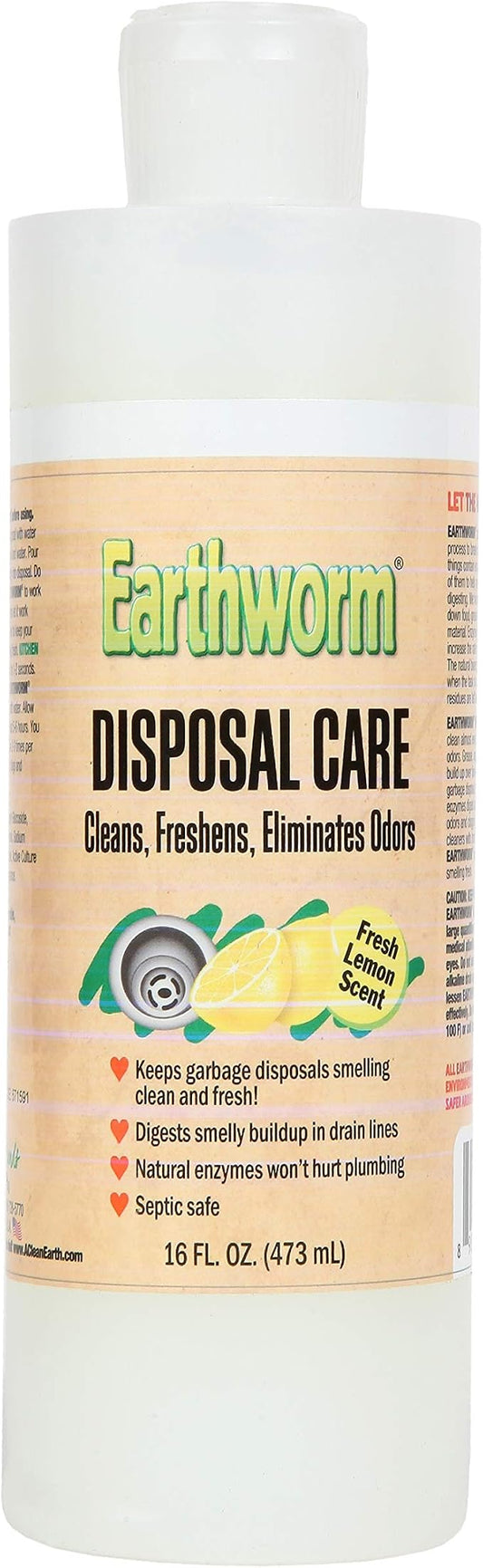 Earthworm Garbage Disposal Cleaner and Odor Eliminator/Disposal Care Removes Buildup, Cleans, and Freshens your Kitchen Sink - 16 Oz, Fresh Lemon Scent, Septic Safe
