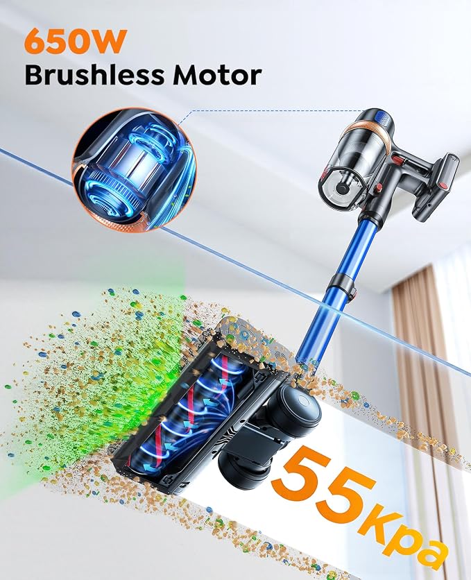 Cordless Vacuum Cleaner, 650W 55KPA 70Mins Vacuum Cleaners for Home, Upgraded Stick Vacuum with Mattress Cleaning Tool, Wall Mount Charging, Auto Mode, Self-Standing Vacuum for Pet Hair/Floors/Carpets