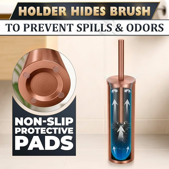 Bronze Toilet Brush and Holder Set - Upgrade Your Bathroom in Seconds - Rust Resistant Stainless Steel Toilet Bowl Brush and Holder with Replaceable Head, Removable Inner Bowl & Splash Guard Cover
