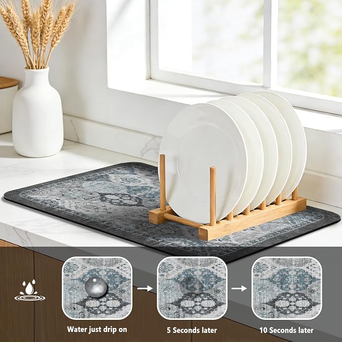 Dish Drying Mat, Vintage Rustic Boho Kitchen Dishes Absorbent Pad, 12x20in | Eco-friendly diatomite with non-slip rubber backing. Super absorbent mat for kitchen counters, coffee bars & sinks