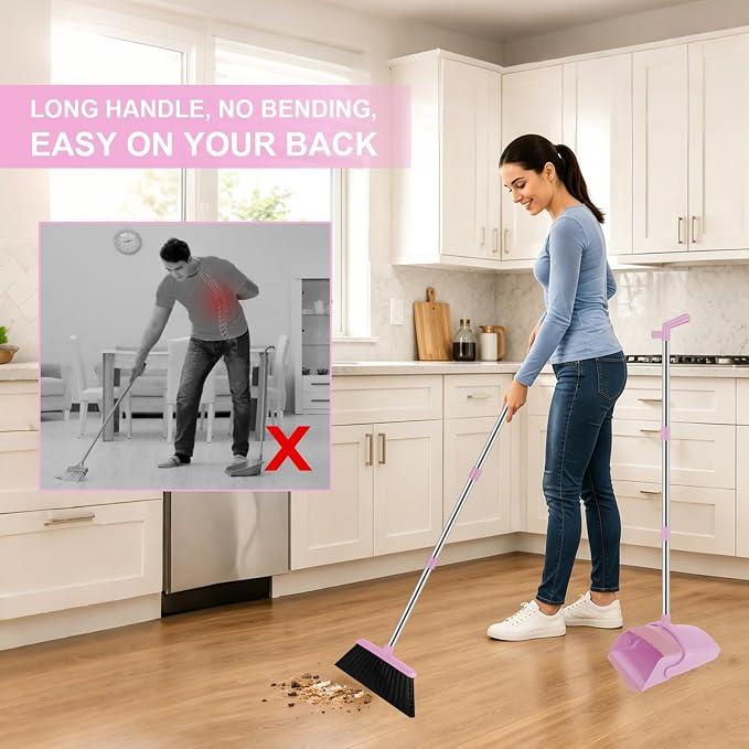 Pink Broom and Dustpan Combo Set, 51" Long Handle Broom with Mini Set | Mini Set for Tables, Kitchens & Tight Spaces, Built-in Comb Dustpan, Foldable Space-Saving Storage, Multi-Surface Use