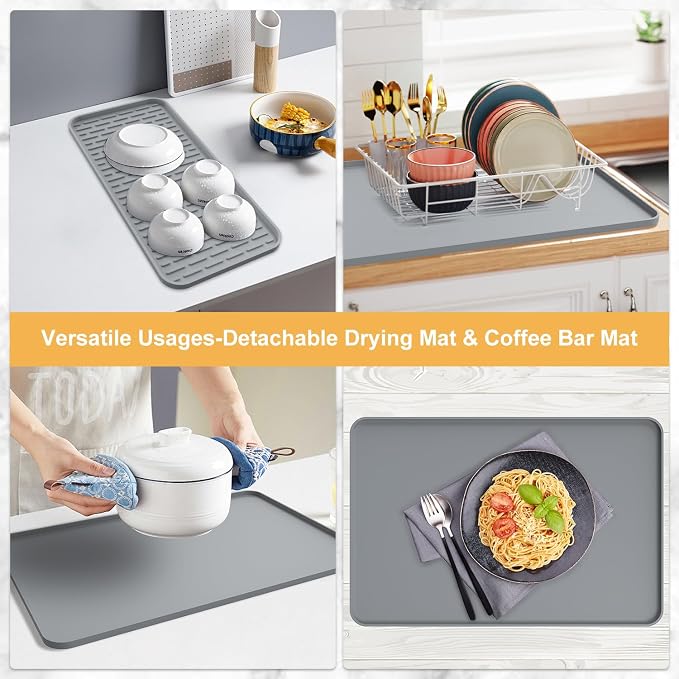 Silicone Coffee Mat,16'' x 16'' Coffee Bar Mat with Detachable Dish Drying Mat for Kitchen Countertops,Coffee Bar Accessories Fit Under Coffee Maker Coffee Machine Espresso Machine Dish Rack