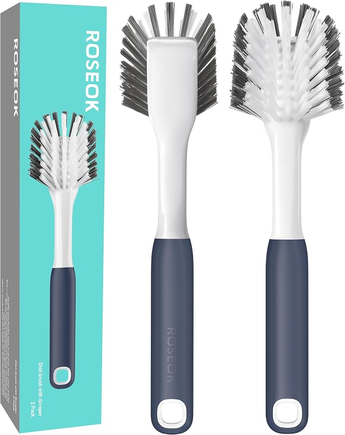 ROSEOK Dish Brush, Dish Scrubber, Nylon Bristles with Built-in Scraper | For Cleaning Dishes, Pots, Non-Stick Pans and Sinks, Navy Blue, 2 Pack