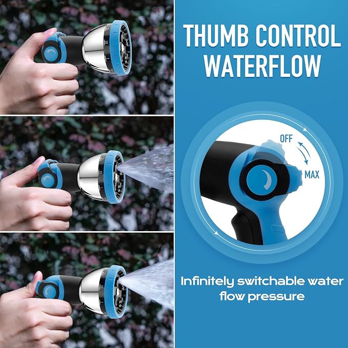 BIBURY Garden Hose Nozzle, Heavy Duty Zinc Alloy Water Hose Sprayer with 10 Patterns & Thumb Control, Leak-Proof High Pressure Hose Attachment for Watering Plants, Car Wash and Showering Pets (Blue)