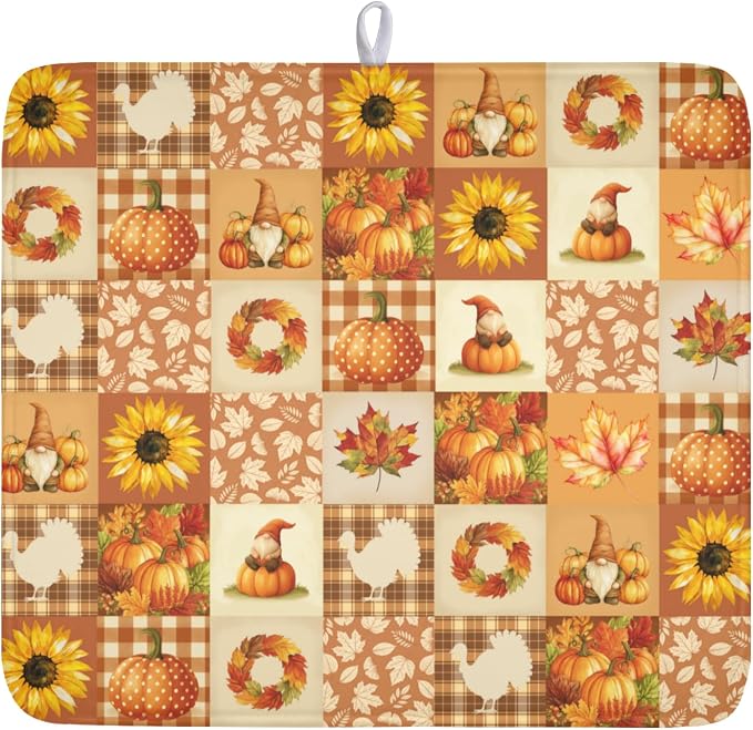 Fall Thanksgiving Dish Drying Mat for Kitchen Counter Autumn Harvest Orange Dish Drainer Mat Rustic Absorbent Washable Drying Pad 16"x18"