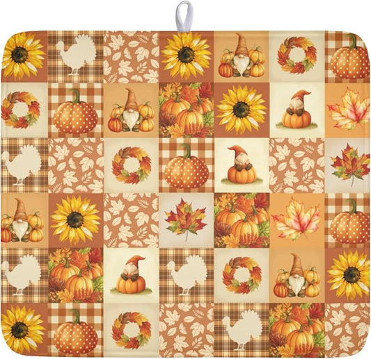 Fall Thanksgiving Dish Drying Mat for Kitchen Counter Autumn Harvest Orange Dish Drainer Mat Rustic Absorbent Washable Drying Pad 16"x18"