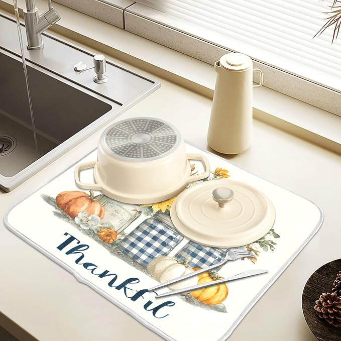 Autumn Pumpkin and Sunflower Floral Vase Dish Drying Mat for Kitchen Counter Absorbent Microfiber Small Drying Pad Dish Mats for Kitchen Countertops 16 x 18 Inch