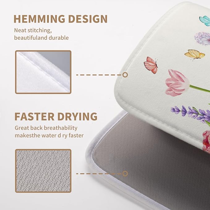 Spring Floral Dish Drying Mat Tulip Lavender Flower Dishes Pad Absorbent Microfiber Dish Draining Mat Washable Medium Dish Drainer Rack Mats for Kitchen Counter 16"x18"