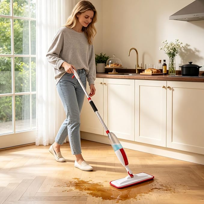Wet Spray Mop for Floor Cleaning with 14 oz Bottle & 2 Microfiber Pads | Refillable bottle, washable pads, dry/wet use for home or commercial cleaning on hardwood, laminate, wood & ceramic floors
