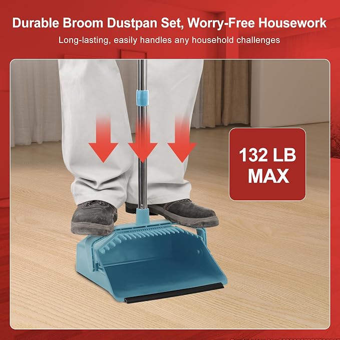 Tiumso Upgrade Broom and Dustpan Set, Broom with Dustpan Combo Sets, Large Brooms and Dust Pan with Handle, Self-Cleaning Dust Pans, Heavy Duty Broom and Dustpans Set for Lobby Kitchen Office - Green