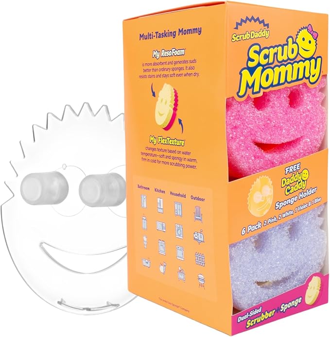 Scrub Mommy Kitchen Sponges (6) + Daddy Caddy Sponge Holder - Scratch-Free Cleaning Sponges for Dishes & Dish Scrub for Multipurpose Cleaning - BPA Free Polymer Foam - Stain & Odor Resistant (7 Count)