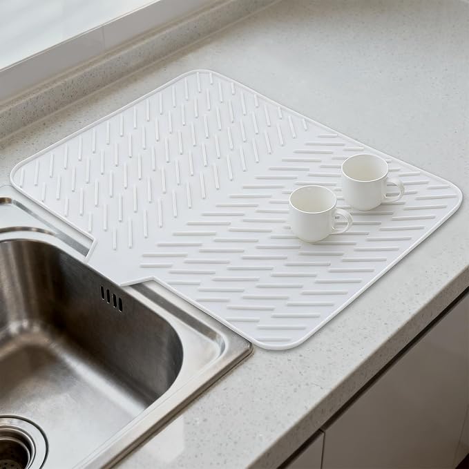 Silicone Drying Mat, 23"X17" With Built-in Drain Lip,Heat-Resistant,Eco-friendly,Hygienic Drying Pad,Leak-Proof and Non-Slip,Silicone Dish Drying Mat for Kitchen Counter or Sink（White 23X17）