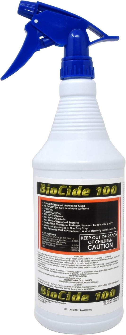 Biocide 100 EPA Registered Mold, Mildew and Fungi Remover, Cleaner and Disinfectant | Eliminates Household Mold Spores, Bacteria, Germs, Viruses | Non-Toxic and Safe | 1-Quart
