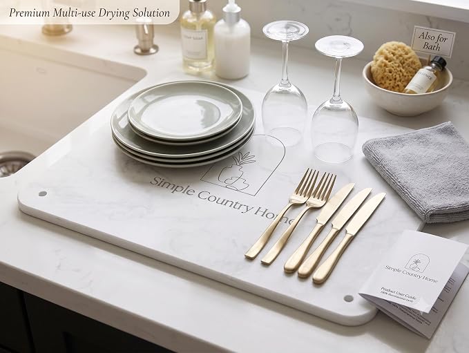 Stone Dish Drying Mat for Kitchen Counter - Ultra Absorbent Diatomaceous Earth Drying Stone, Fast Dry Non Slip Counter Mat Perfect for Dishes, Baby Bottles & Cups | White Marble ( 16x12 Inch )
