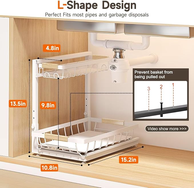 Sevenblue 2-Pack 2-Tier Height Adjustable Under Sink Organizer & Storage | Multi-purpose storage for kitchen & bathroom cabinet. Extra Large white shelf, height adjustable design for space-saving.