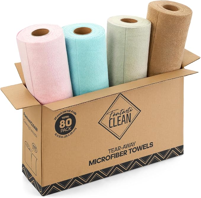 Fantasticlean Kitchen Towels Roll, 80 Sheets,10''(Pink,Blue,Tan,Moss Green) | Tear-away Dish Towels for Kitchen, Ultra Absorbent, Lint-free, Premium Microfiber Cleaning Cloths, for All-Purpose Cleaning