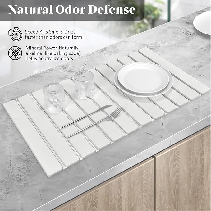 Stone Dish Drying Mats for Kitchen Counter, 28"(L)×16"(W), Fast Drying Collapsible Dish Drying Mat, Eco-Friendly Absorbent Diatomaceous Earth Mats for Dishes Bottles, Match Any Countertop