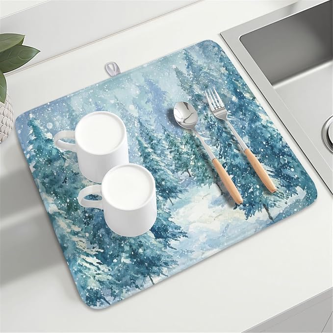 Winter Forest Dish Drying Mat for Kitchen Counter 16x18 Inch | Blue Christmas Pine Trees Snow Scene Dish Drainer Mat Rustic Seasonal Holiday Absorbent Washable Drying Pad