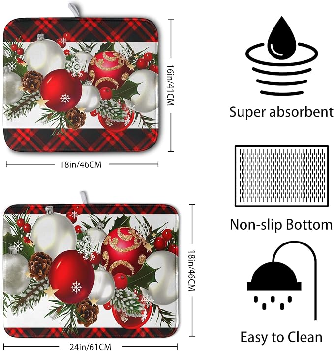 Christmas Red Buffalo Plaid Dish Drying Mat for Kitchen Counter 16x18 Inch Winter Xmas Ball Snowflake Pine Cones Dishes Drying Mat Microfibe Super Absorbent Dish Rack Pad for Coffee Bar Sinks