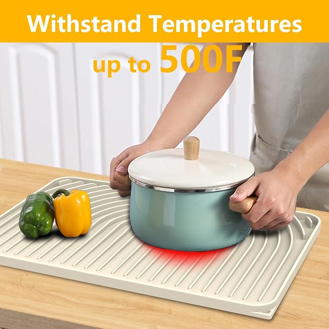 Dish Drying Mat for Kitchen Counter, 18"x12" Dish Drying Rack(cream) | Various Sizes & Colors,Steep-Slope Built in Drain,High-fin Ventilation,Food-grade Silicone,500F heat resistant,for Flat sinks