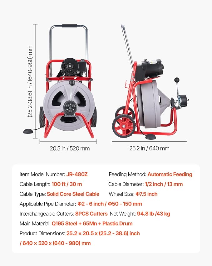 VEVOR Drain Cleaner Machine 100 FT x 1/2 Inch, Auto Feed Sewer Snake Drain Auger on Wheels, Portable Drain Cleaning Machine with 8 Cutters & Air-Activated Foot Switch for 2" to 6" Pipes