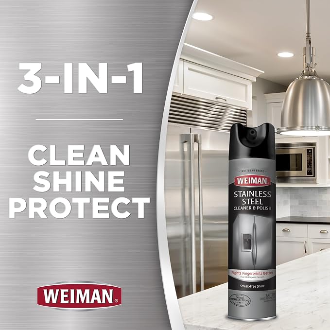 Weiman Stainless Steel Cleaner & Polish Streak-Free Shine - For Refrigerators, Oven, Dishwasher, Stove - 4 Pack Aerosol Spray with Microfiber Cloth Included